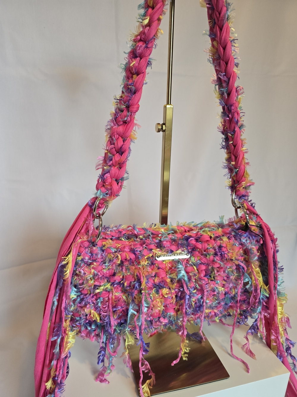 Hand Crafted Crochet Pink Multicolor Fringe Shoulder Bag - Picture 3 of 4